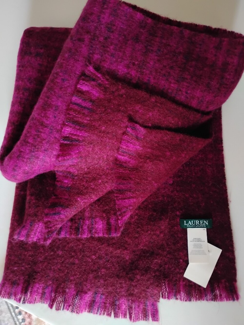 Lauren Ralph Lauren Blanket Scarf Wrap Plum Purple Magenta Classic Ombre Fringe